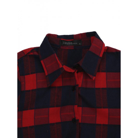Casual Lady Plaid Print Asymmetrical Long Sleeve Shirt Casual Lady Plaid Print Asymmetrical Long Sleeve Shirt