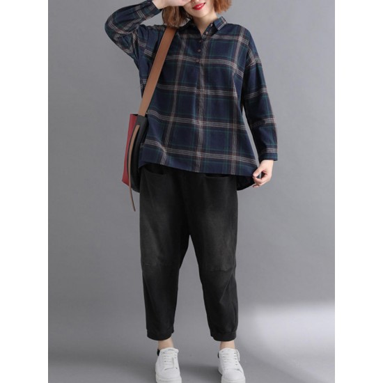 Casual Loose Plaid Long Sleeve Shirts with Button For Women