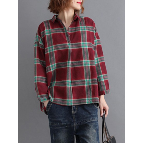 Casual Loose Plaid Long Sleeve Shirts with Button For Women