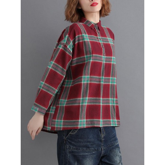 Casual Loose Plaid Long Sleeve Shirts with Button For Women