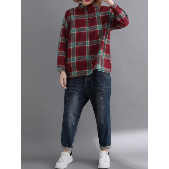 Casual Loose Plaid Long Sleeve Shirts with Button For Women