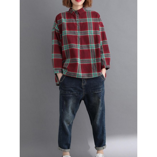 Casual Loose Plaid Long Sleeve Shirts with Button For Women
