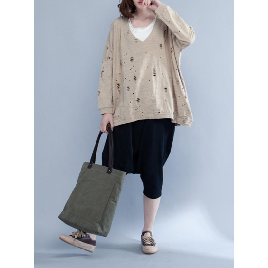 Casual Women Batwing Sleeve T-Shirts Loose Hole Cotton Tops