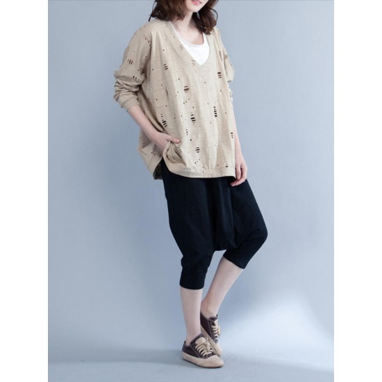 Casual Women Batwing Sleeve T-Shirts Loose Hole Cotton Tops