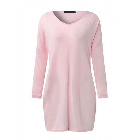 Casual Women Long Sleeve Slim V-Neck Knit Pullover Blouse