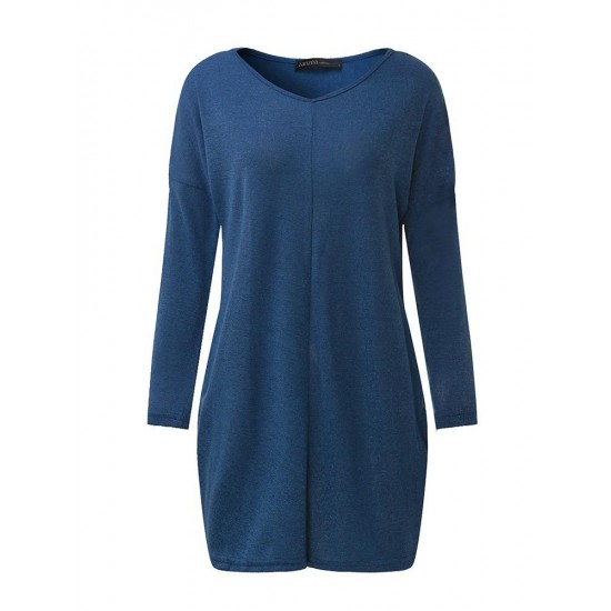 Casual Women Long Sleeve Slim V-Neck Knit Pullover Blouse