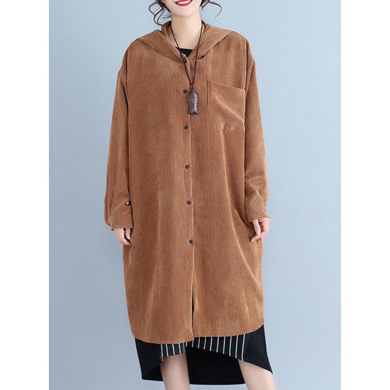 Casual Women Loose Hooded Corduroy Blouse Coat