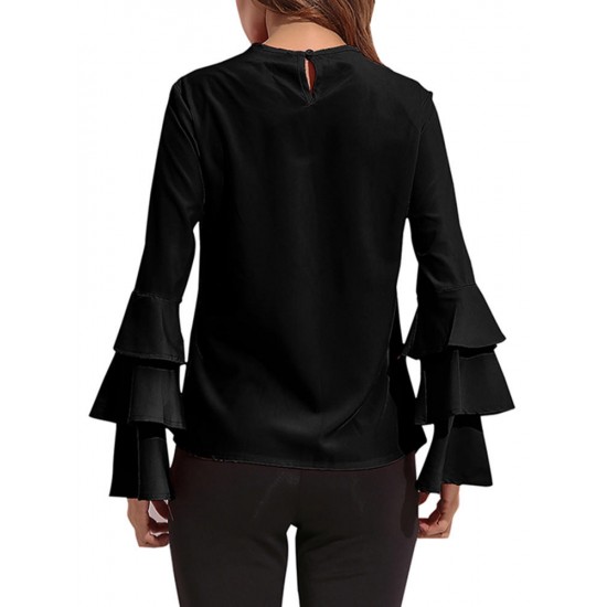 Elegant Women Blouse Solid Color Bell Sleeve O-Neck T-Shirt
