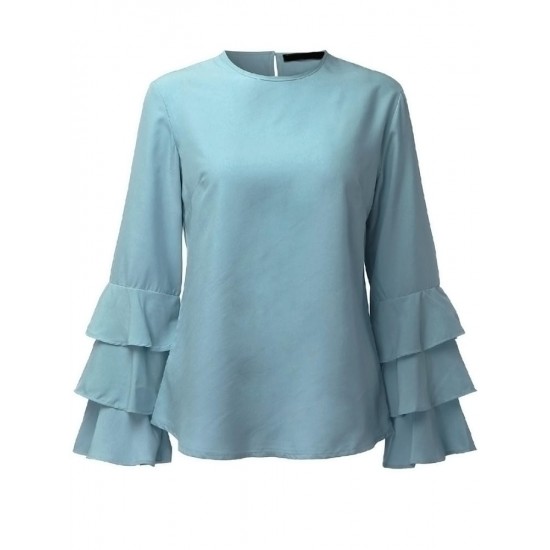 Elegant Women Blouse Solid Color Bell Sleeve O-Neck T-Shirt