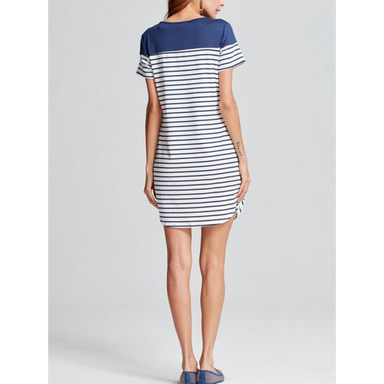 Women A-Line Short Sleeve Color Block Stripe Cotton O-Neck Mini Dress