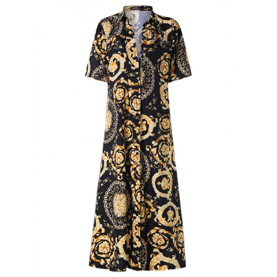 Bohemian Print Lapel Short Sleeve Button Down Front Maxi Dress