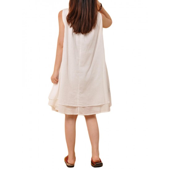 Casual Bow Embroidery Sleeveless Linen Mini Sundress For Women