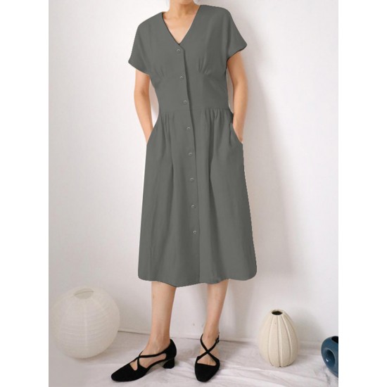 Casual Button Down Front Short Sleeve Dress with Pockets