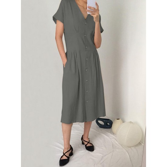 Casual Button Down Front Short Sleeve Dress with Pockets