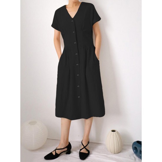 Casual Button Down Front Short Sleeve Dress with Pockets