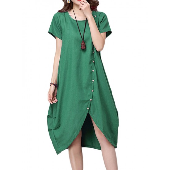 Casual Button Pleats Asymmetrical Hem Women Linen Dress