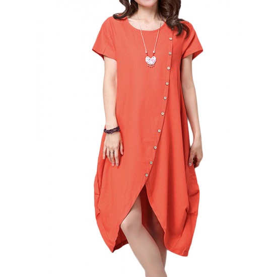 Casual Button Pleats Asymmetrical Hem Women Linen Dress