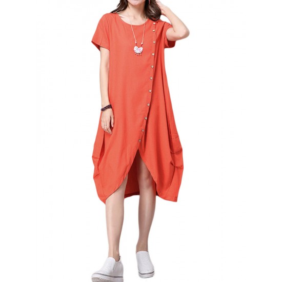 Casual Button Pleats Asymmetrical Hem Women Linen Dress