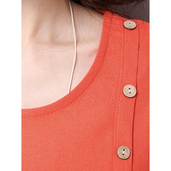 Casual Button Pleats Asymmetrical Hem Women Linen Dress