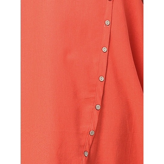 Casual Button Pleats Asymmetrical Hem Women Linen Dress