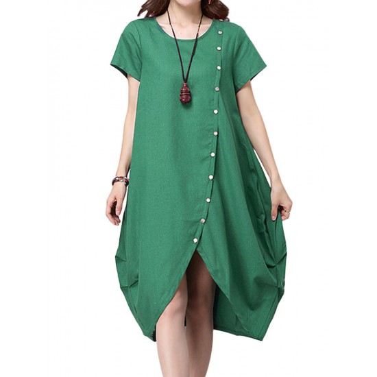 Casual Button Pleats Asymmetrical Hem Women Linen Dress