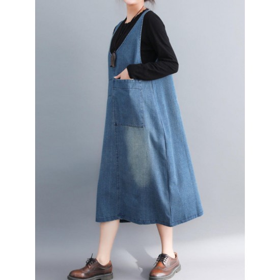 Casual Denim Sleeveless V-Neck Pocket Loose Dress For Women