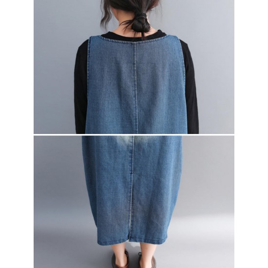 Casual Denim Sleeveless V-Neck Pocket Loose Dress For Women