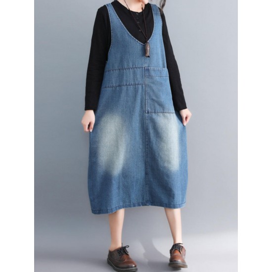 Casual Denim Sleeveless V-Neck Pocket Loose Dress For Women