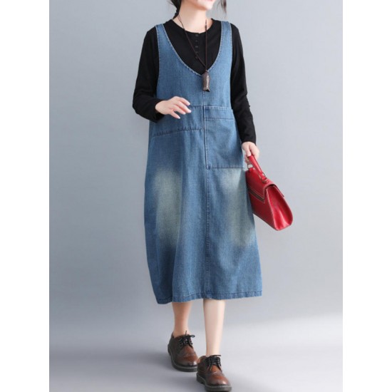 Casual Denim Sleeveless V-Neck Pocket Loose Dress For Women