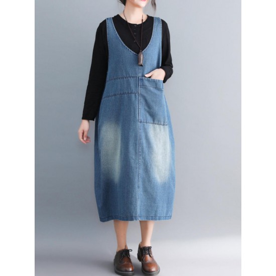 Casual Denim Sleeveless V-Neck Pocket Loose Dress For Women