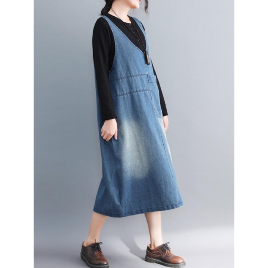 Casual Denim Sleeveless V-Neck Pocket Loose Dress For Women