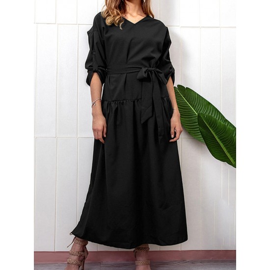 Casual V-neck Adjustable Long Sleeve Side Slit Pleated Dress