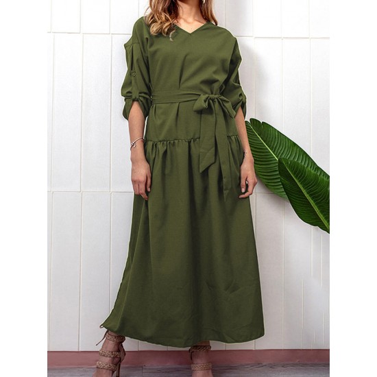 Casual V-neck Adjustable Long Sleeve Side Slit Pleated Dress