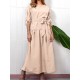 Casual V-neck Adjustable Long Sleeve Side Slit Pleated Dress