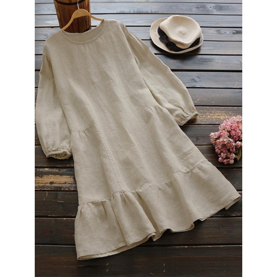 Casual Women Cotton Solid Color Long Sleeve Round Neck Side Pockets Dress
