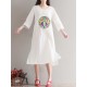 Casual Women Embroidered Kaftan Dress Long Sleeve White Navy Pockets Dresses