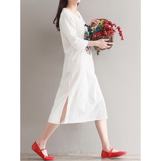 Casual Women Embroidered Kaftan Dress Long Sleeve White Navy Pockets Dresses