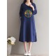 Casual Women Embroidered Kaftan Dress Long Sleeve White Navy Pockets Dresses