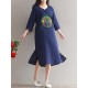 Casual Women Embroidered Kaftan Dress Long Sleeve White Navy Pockets Dresses