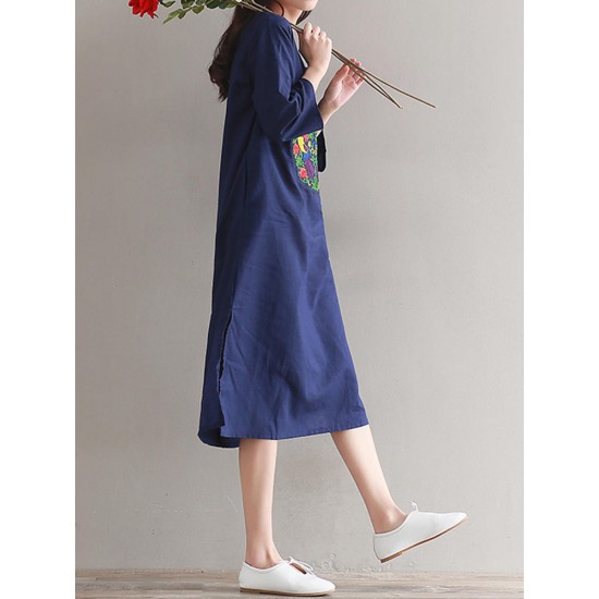 Casual Women Embroidered Kaftan Dress Long Sleeve White Navy Pockets Dresses