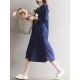 Casual Women Embroidered Kaftan Dress Long Sleeve White Navy Pockets Dresses