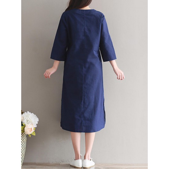 Casual Women Embroidered Kaftan Dress Long Sleeve White Navy Pockets Dresses