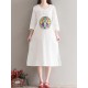 Casual Women Embroidered Kaftan Dress Long Sleeve White Navy Pockets Dresses