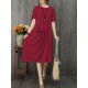 Plus Size Casual Short Sleeve Solid Color Pleated Dress for Women