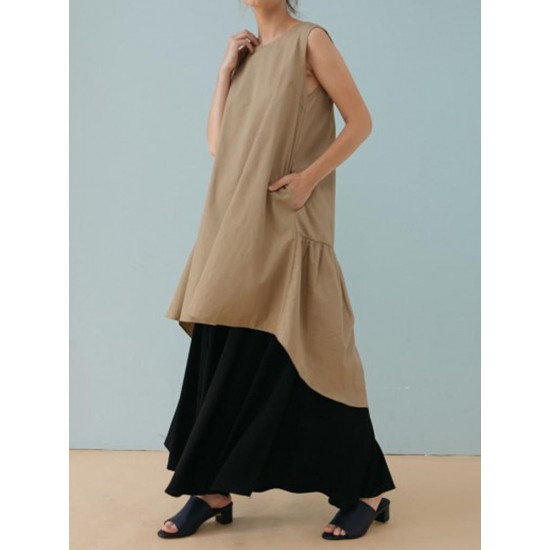 Women Casual Sleeveless Solid Color Irregular Hem Dress