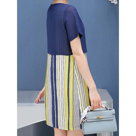 Casual Women False Two Pieces Dress Short Sleeve Vertical Stripe Chiffon Dresses