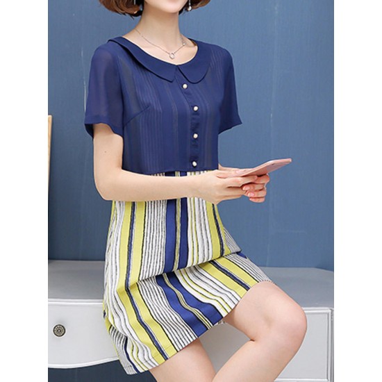 Casual Women False Two Pieces Dress Short Sleeve Vertical Stripe Chiffon Dresses