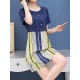 Casual Women False Two Pieces Dress Short Sleeve Vertical Stripe Chiffon Dresses