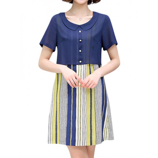 Casual Women False Two Pieces Dress Short Sleeve Vertical Stripe Chiffon Dresses