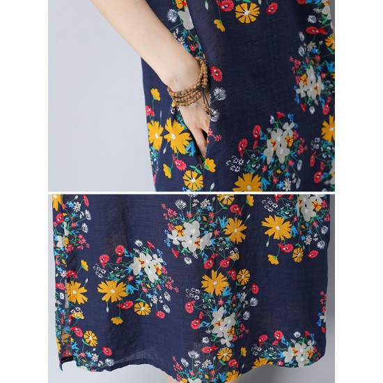 Casual Women Floral Printed Dress Pullover Short Sleeves Pockets Dresses